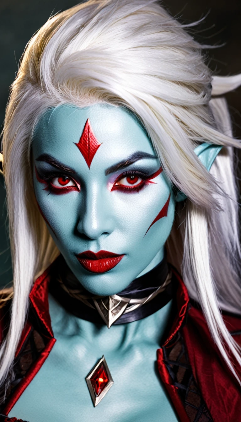 a portrait shot of a drow elf from dungeons and dragons , she has white hair and red eyes , high quality, akali, quality skin, detailed skin, super quality hair, add setail on chocker
