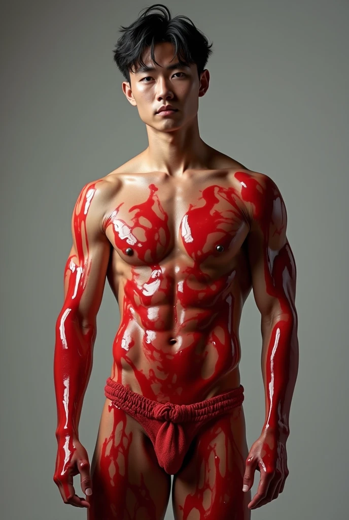 Handsome young asian male with fire bander, 27 year old, shirtless wet body, ultra HD, hyper detail, cinematic color schame, dramatic action, photo for adult magazine cover, red and white wall