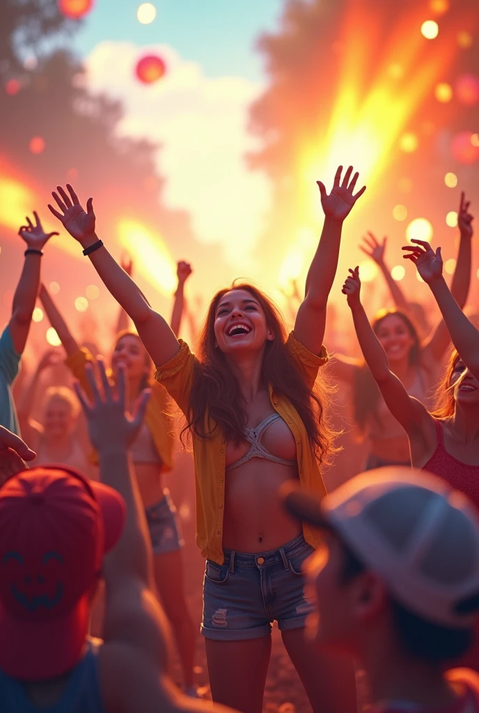 A woman is at a festival and doing stage diving. That means she is carried by all the guests on their hands above their heads. She is lying on her stomach and stretching her hands upwards. She is touched and held high by several people. A hand touches her large breast. She stretches her arms forward and seems to be enjoying the situation. The woman has a very curvy figure, but it's not fat 
