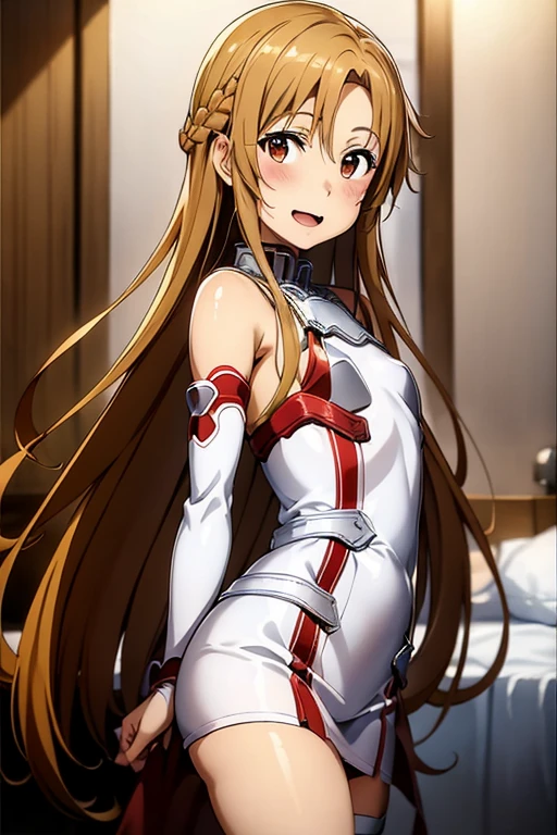 ((Best Quality)), ((masterpiece)), (be familiar with), Perfect Face, indoor, bedroom, Watching the audience,
One woman, Yuuki Asuna,
Open Mouth, Ecstatic expression, blush, smile,
Small breasts, Flat Chest, , , , Girl,
Long Hair, Long Hair,
Leg spread,