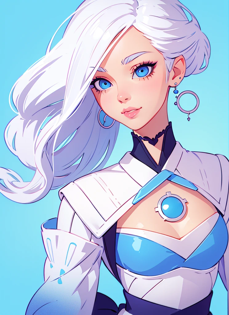 The Minimalists，Fashion Girl，White hair，Blue Background，Wearing special earrings，Bohemian style，Clear eyelashes，Bright blue eyes，Clean and transparent eyes，closure，Smiley face flat illustration，geometry，Clean，Japanese Manga,