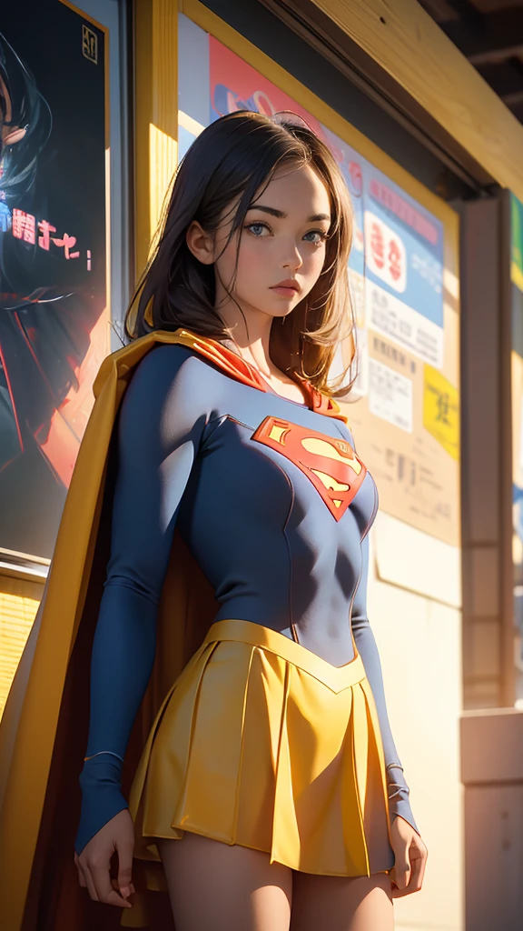 High resolution、masterpiece、Textured skin、high quality、Ultra high definition、Very detailed、woman、Center parted hair、High school girl、uniform、School、Supergirl、Cape、Yellow hero suit、日本人woman、