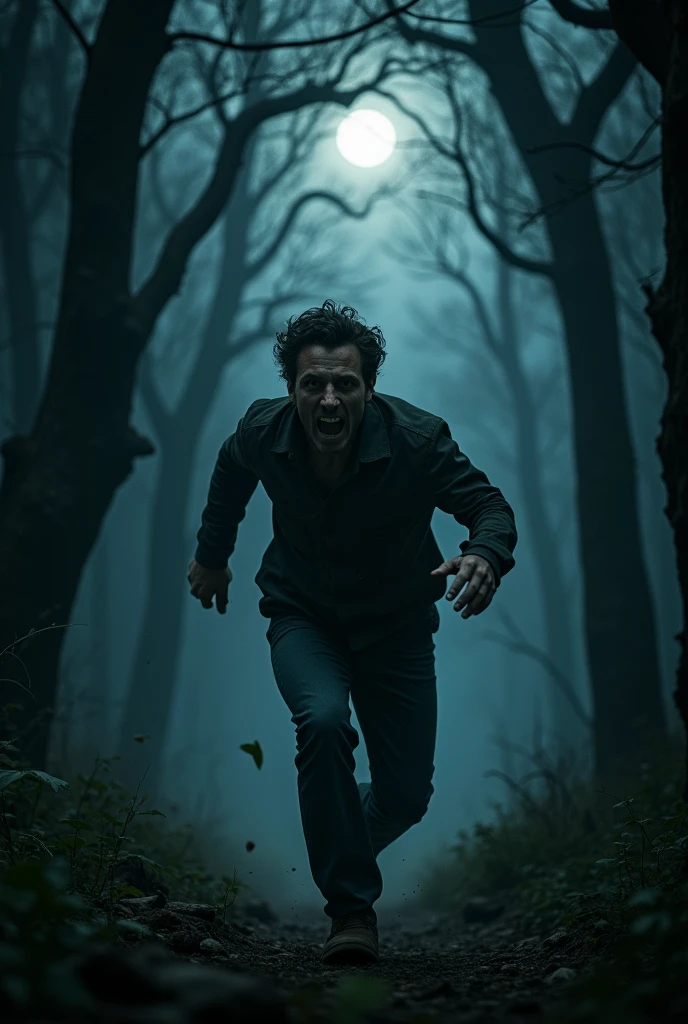 A scared man running in the middle of the forest in the middle of the night 