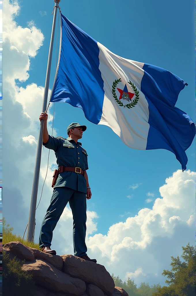 Silhoutte of a man proudly holding a flag and a book. Standing like a statue with a background of historical event of the philippines,for rizal