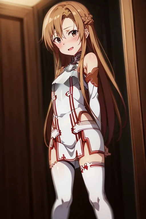 ((Best Quality)), ((masterpiece)), (be familiar with), Perfect Face, indoor, bedroom, Watching the audience,
One woman, Yuuki Asuna,
Open Mouth, Ecstatic expression, blush, smile,
Small breasts, Flat Chest, , , child, Girl,
Long Hair, Long Hair,
Leg spread,