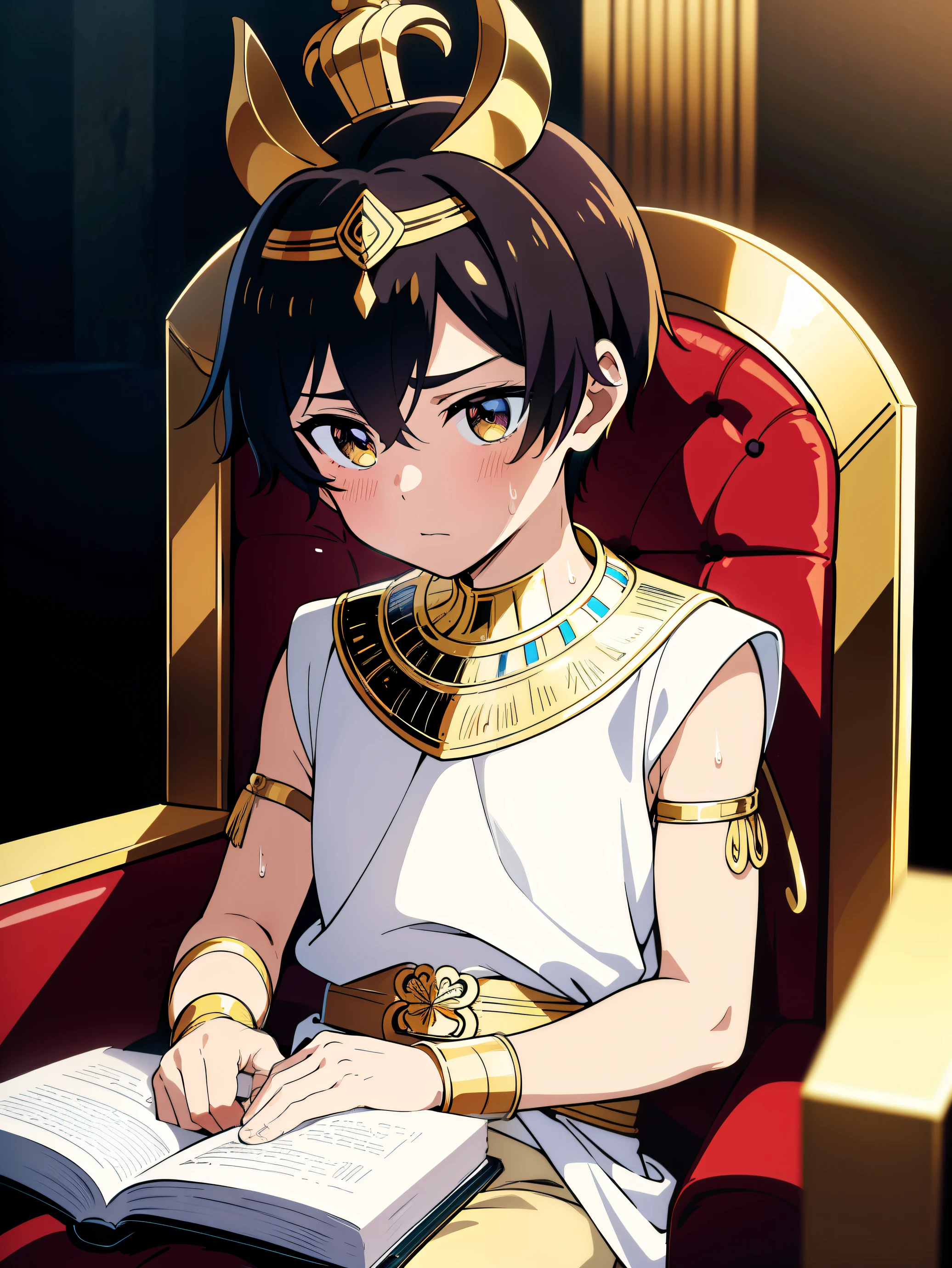 Highres, Masterpiece, Best quality at best,Best Quality,hight quality, hight detailed, Anime style, 1boy, crown, young prince, Give me a picture of a young prince from ancient egypt, Sleeveless shirt, egyptian clothes, Gold accessories, Was sitting on the throne, cuddle, Shota, young boy, 15-years-old, Handsome boy, whole body, (very young boy), (very small and short body), simple beckground, cute boy, Uhd, bokeh, sweat
