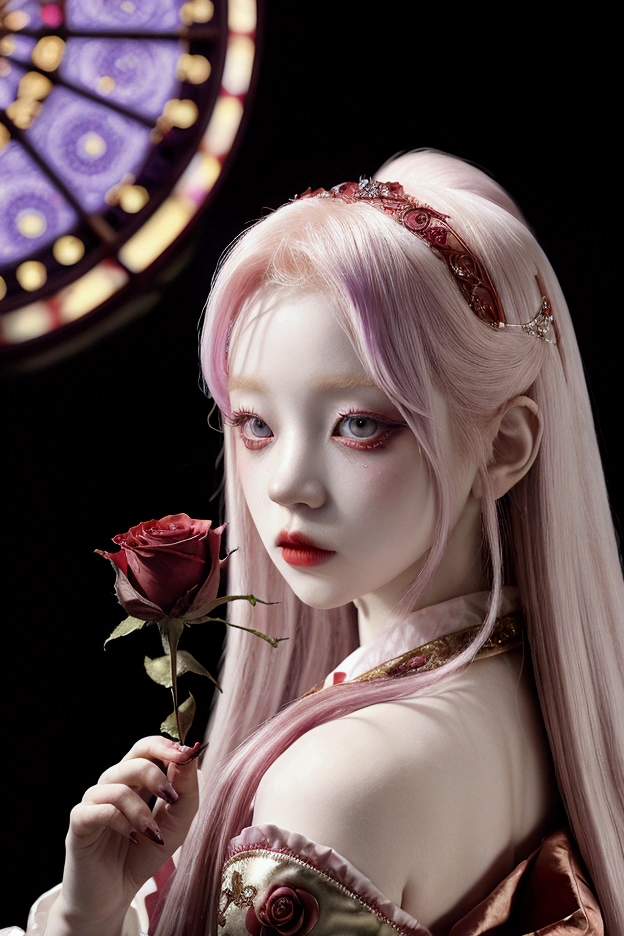 Red-eyed albino girl with a purple and red aesthetic, dressed like a princess, with red lineart, holding a rose