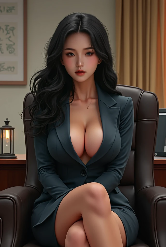 glamour photo of chunhua, a stylish lady, in a (office:1.2),, (evil smiling), (medium full shot, 8k, RAW photo, best quality, depth of field, ultra high res:1.2), (vibrant colors, absurdres, intricate, photorealistic, masterpiece, ultra-detailed:1.3, cinematic lighting), shot at eye level, photography on a Fujifilm X-T4 with a 50mm lens, indoors, modelstyle photography setting,   earrings, lace choker, gigantic breasts,, narrow waist, abs, long legs, slim legs, stockings, thighhighs, garter straps, high heels, 
 realisticm, midjourney,(((a extremely naked, nude)))