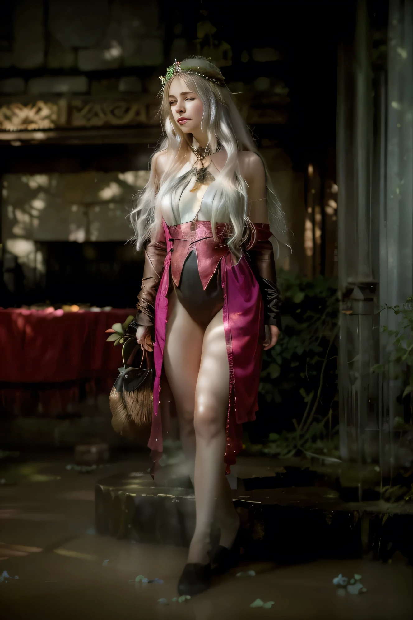 Elf straight white hair, long and loose, big chest, wearing a short red dress with straps on the shoulders, neckline to the belly, a very large black belt between the chest and the belly, covering the entire belly, a black knee-high boot