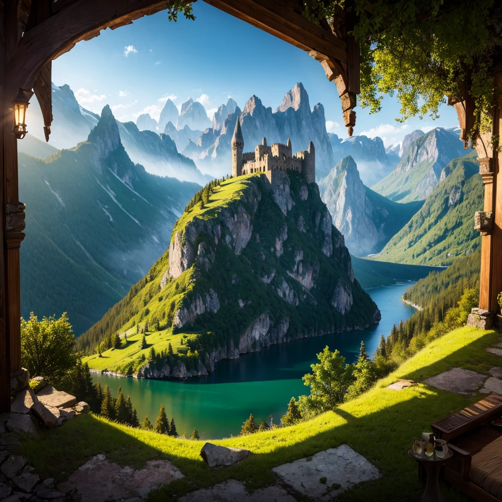 wide angle, panoramic view, a detailed fantasy landscape, enchanted forests, majestic mountains, inspired by tolkien, in the style of john howe, ruins, ruined fortress, best quality, 4k, 8k, highres, masterpiece:1.2, ultra-detailed, realistic, photorealistic, photo-realistic:1.37, hdr, uhd, studio lighting, ultra-fine painting, sharp focus, physically-based rendering, extreme detail description, professional, vivid colors, bokeh, cinematic