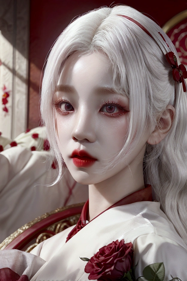 White hair, red eyes, holding red roses red lips, aesthetic purple and red, Song Yuqi 