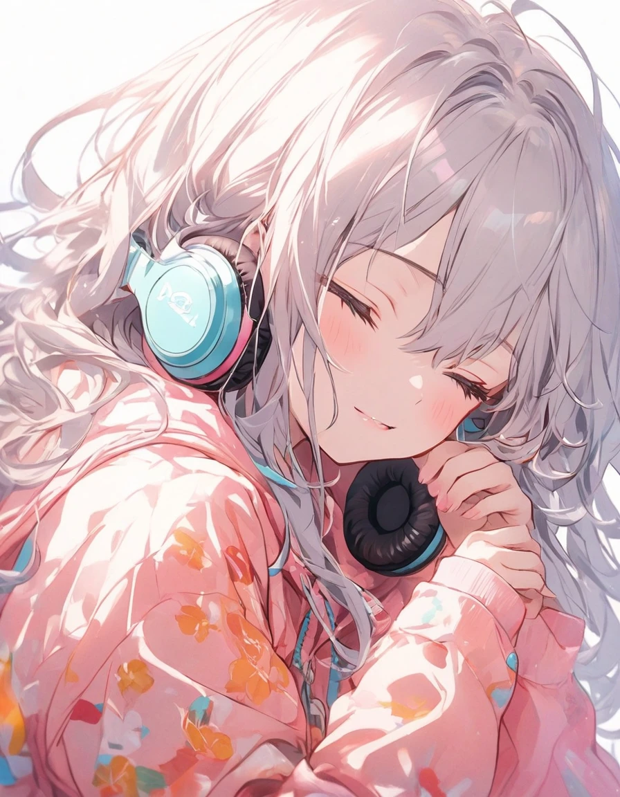 (highest quality）、（masterpiece：1.2）、（colorful：0.9）、（color scattering）(High resolution, ) ((highest quality)), (Super detailed), (beautiful), alone, beautiful face、(Detailed cute woman laying on a fluffy cloud, nude, in the night sky with twinkling stars and a beautiful glowing moon, listening to music with headphones on and happily closing her eyes:1.3)、(Colorful long shiny blonde hair:1.2),colorful eyes,dramatic、pastel colour