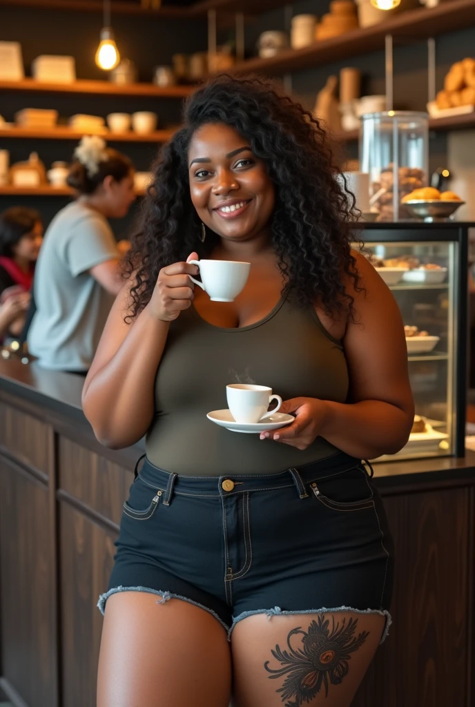 black woman, 50 years old, fat, curly hair to her shoulders. wearing pink blezer black pants in a coffee shop in new york