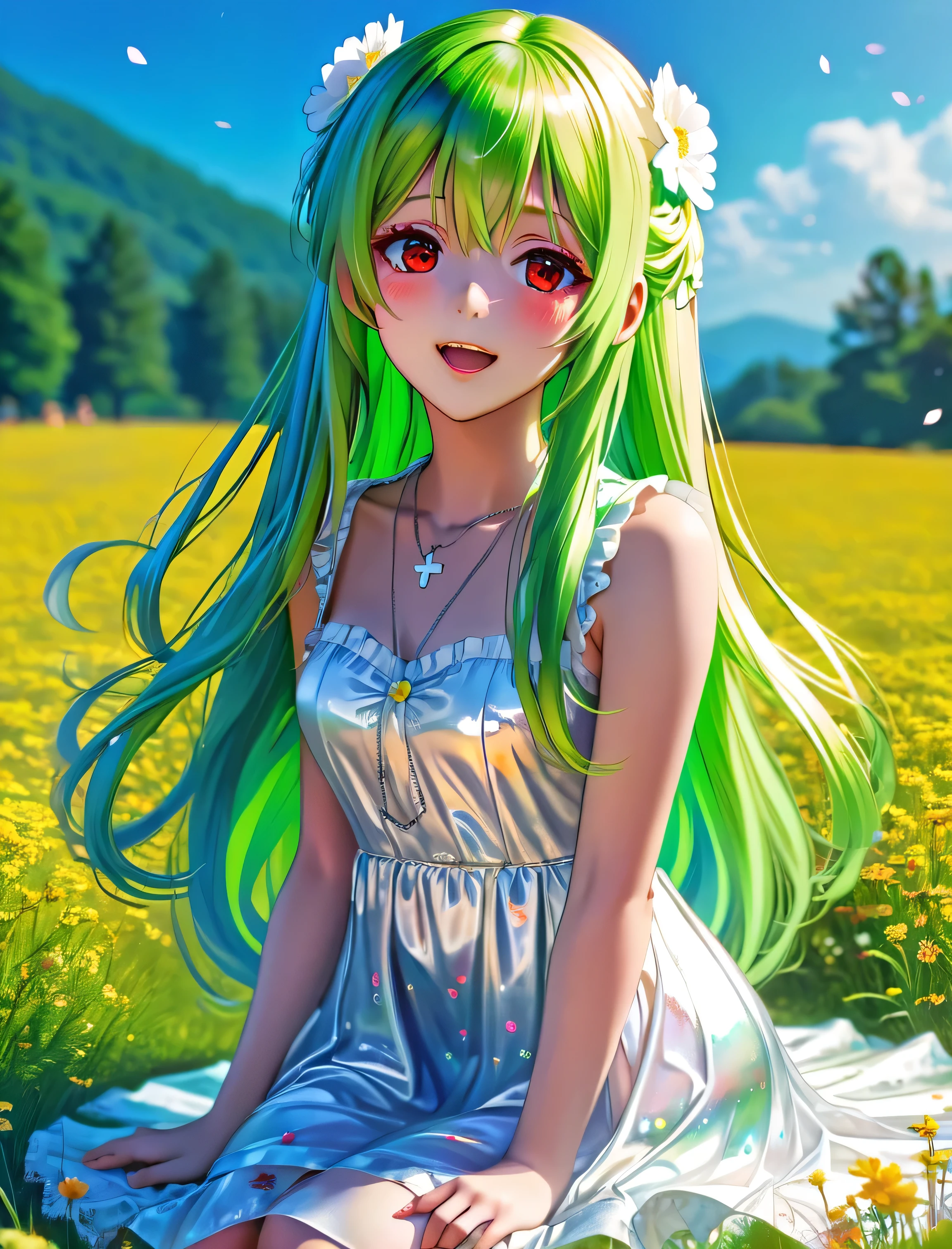 Holographic hair, holographic lolita dress, Flower Field, highest quality, masterpiece, Highest quality, High resolution, 8k, absurdres, masterpiece, (((HDR))), ((best quality)), (ultra high quality), (hi-res), ((1girl)), (((red eyes))), beautiful eyes, ((), (((lime green hair))), (bangs left part), (left part bangs), side swept bangs, ((long side locks)), (((long straight hair that goes to her knees))), straight hair, ((super long hair)), ridiculously long hair, long hair, wearing a plain white sleeveless mini dress, wearing tan sandals with no socks, (((small breast))), ((happy expression)), mouth closed, closed mouth, cute, ((silver heart-shaped necklace on chest)),