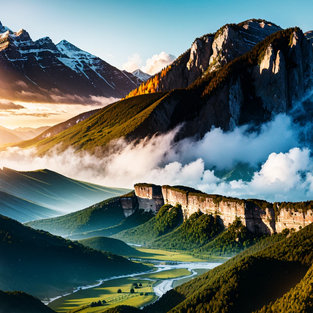 wide angle, panoramic view, a detailed fantasy landscape, enchanted forests, majestic mountains, inspired by tolkien, in the style of john howe, ruins, ruined fortress, best quality, 4k, 8k, highres, masterpiece:1.2, ultra-detailed, realistic, photorealistic, photo-realistic:1.37, hdr, uhd, studio lighting, ultra-fine painting, sharp focus, physically-based rendering, extreme detail description, professional, vivid colors, bokeh, cinematic