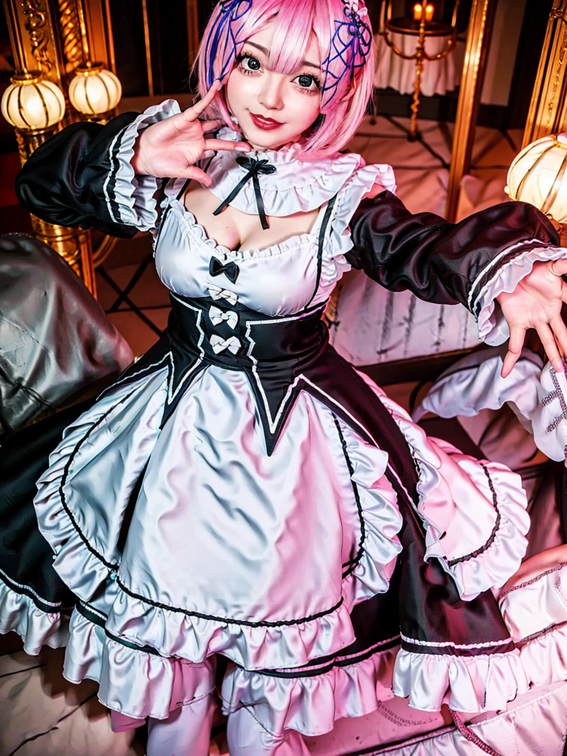 (8K, Photorealistic, Raw photo, of the highest quality: 1.3), (1girl in), Super beautiful, (Realistic face), (boyish, Silver Color Berry Shorthair), Beautiful , Glare that captivates the viewer, Beautiful expression, Beautiful breasts, (Realistic skin), Be...Super high quality, super high definition, super detailed, masterpiece, 20years old, female, cute, perfect face, beautiful, nice body, gothic lolita clothes, gothic lolita fashion, frilly skirt, headdress, necklace, bracelet, knee-high socks, boots, double eyelids, tear bags, Detailed down to the fingers, photo-like description, indoors, dim indoor lighting, big breasts, blonde hair, semi long, standing, whole body, composition that shows the whole body, smiling