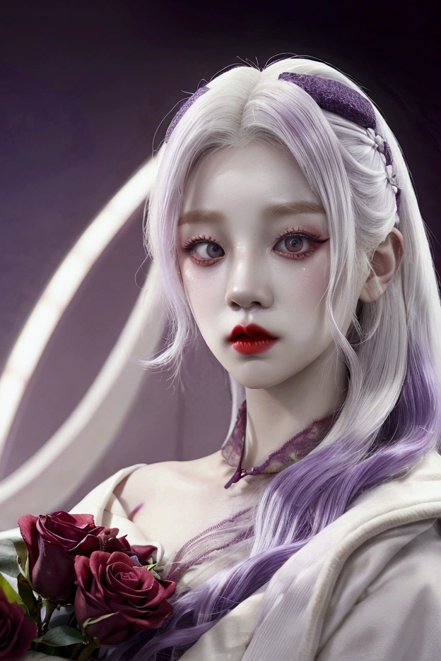 White hair, red eyes, holding red roses red lips, aesthetic purple and red, Song Yuqi, purple vibes, purple and red