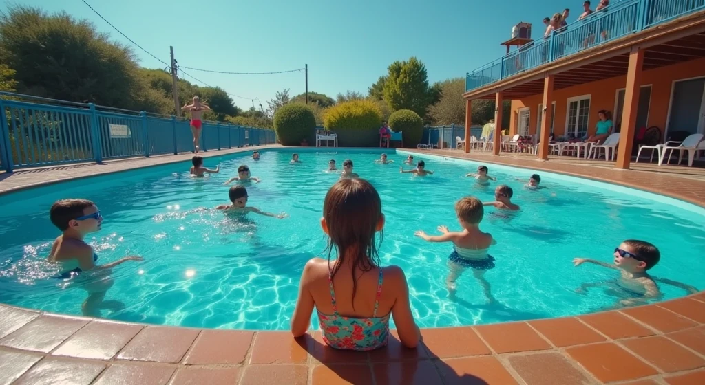 Image of current boys and girls with current clothes from 2014 playing in the courtyard during Chilean national holidays , around a swimming pool with artificial grass in 2024, with decoration of Chilean flags in the form of garlands,  in a one-story house 

