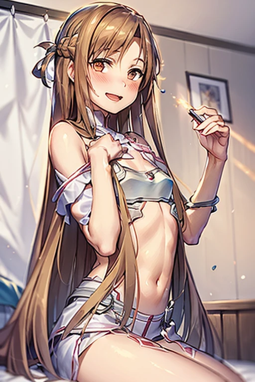 ((Best Quality)), ((masterpiece)), (be familiar with), Perfect Face, indoor, bedroom, Watching the audience,
One woman, Yuuki Asuna,
Open Mouth, Ecstatic expression, blush, smile,
Small breasts, Flat Chest, , , child, Girl,
Long Hair, Long Hair,
Leg spread,