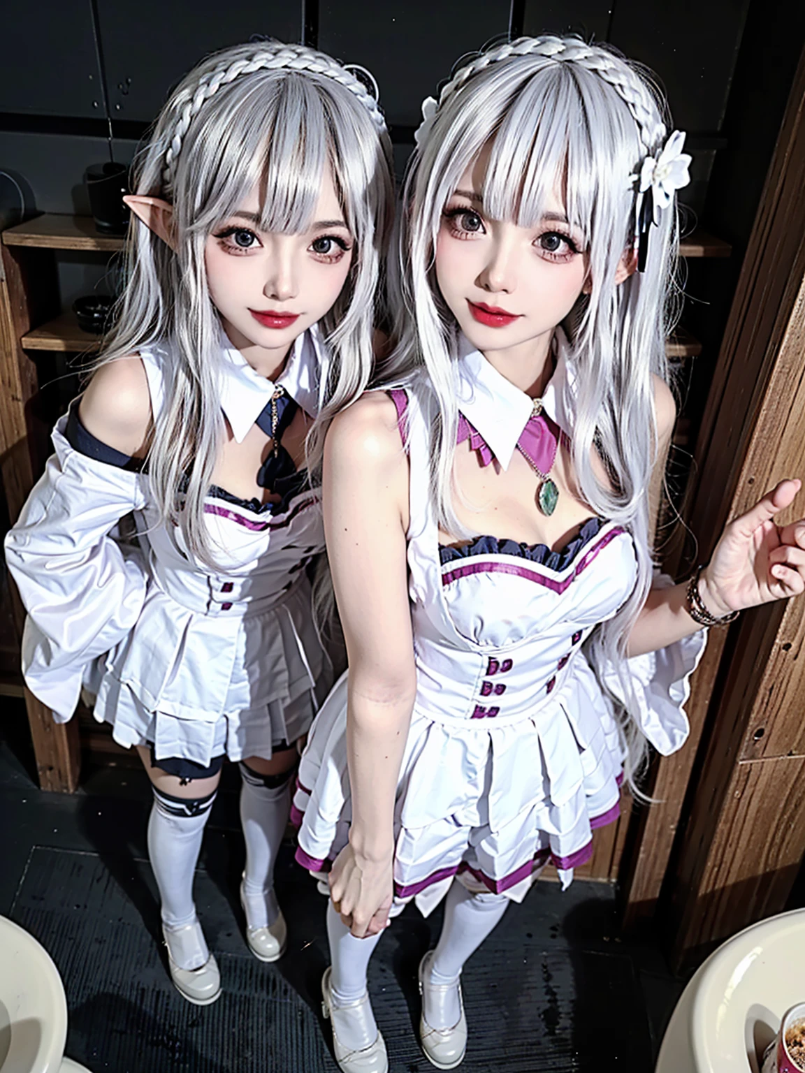 (realism, real shoot, cosplay, cosplaygirl, cosplayer), 8rk, 3D, (ultra detailed, small detailed, masterpiece, best quality), 1girl, ((-ye, long hair, (exposed breasts :1.4), sexy body, open tummy, white stockings, bangs, wide thigh-highs, naked no panties, hair between eyes, completely naked, sexy pose, very long hair, white silver hair, ((purple eyes)), elf ears, full body view, Emilia /(re;zero/), ( Emilia from re;zero ), (((exposed breasts, exposed chest, tits visible, boobs visible, no bra))), showing genitals, unshaven crotch, showing pubic hairs.