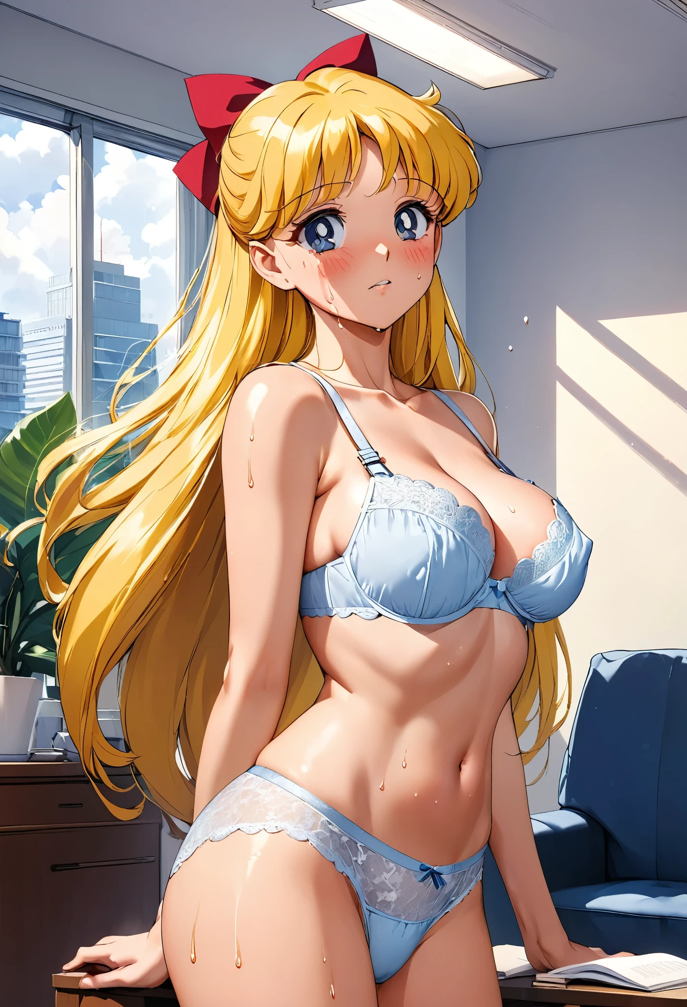 masterpiece, Best Quality, High resolution, (Minako Aino),1990s \(style\),height: 175cm, Long golden hair、 sexyな長い脚,((indoor, Office, living room) ,(Beautiful E-cup breasts)、Sweating all over the body、vapor、Muscular、sexy、Her face distorts with pleasure、Sweaty、Front view、Serious expression、look up,Semen splattered on face、Anime-style painting style,Composition with emphasis on the upper body, ((lace trim panties), (lace trim bra), (In underwear), (Flashy underwear), (lingerie)), Erect nipples, NSFW