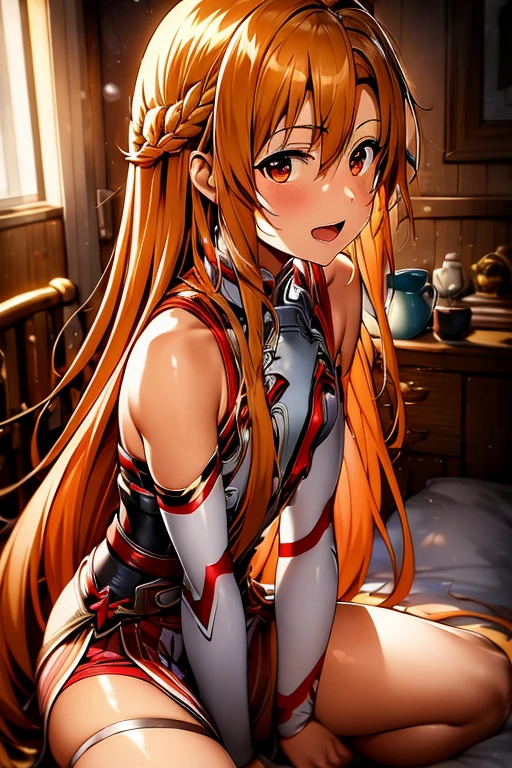 ((Best Quality)), ((masterpiece)), (be familiar with), Perfect Face, indoor, bedroom, Watching the audience,
One woman, Yuuki Asuna,
Open Mouth, Ecstatic expression, blush, smile,
Small breasts, Flat Chest, , , child, Girl,
Long Hair, Long Hair,
Leg spread,