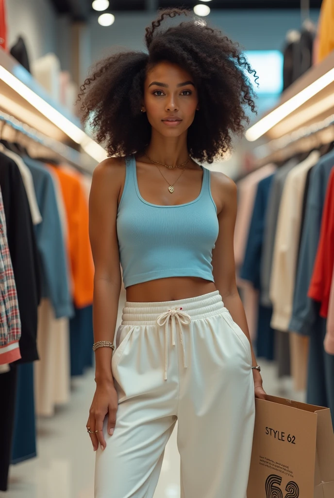 Mujer joven linda, chestnut, con ropa informal, realizando compras de ropa en shopping