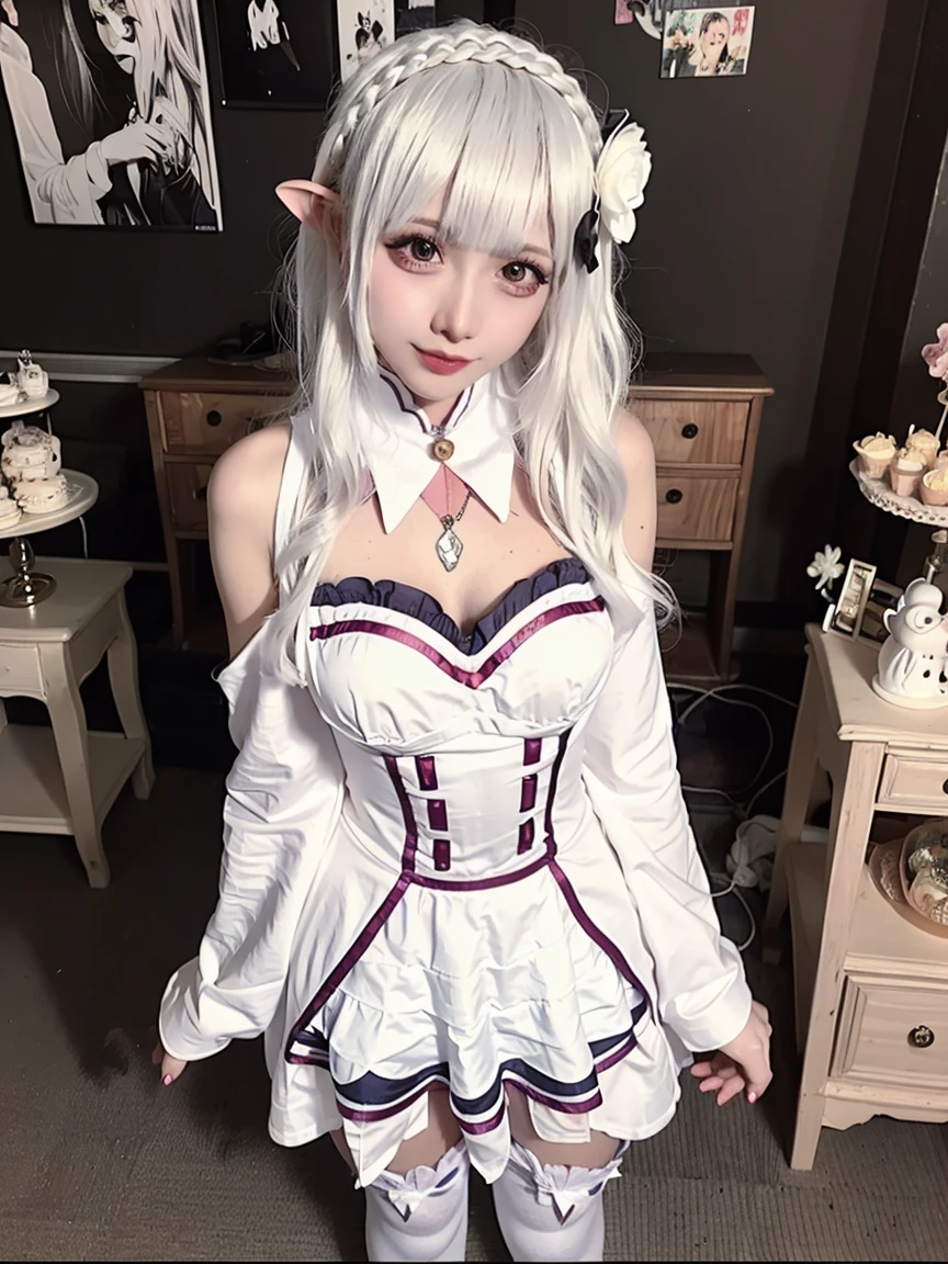 (realism, real shoot, cosplay, cosplaygirl, cosplayer), 8rk, 3D, (ultra detailed, small detailed, masterpiece, best quality), 1girl, ((13-year old)), russian, long hair, (exposed breasts :1.4), sexy body, open tummy, open breasts, open shirt, white stockings, bangs, wide thigh-highs, naked open shirt, dress, no panties, hair between eyes, bare shoulders, sexy pose, very long hair, white silver hair, ((purple eyes)), elf ears, full body view, Emilia /(re;zero/), ( Emilia from re;zero ), (((exposed breasts, exposed chest, tits visible, boobs visible, no bra))), private hotel room, red sexy hotel room, cosplay. next to bed, (ass up) (nsfw:1.5) (((being hugged from behind by a creepy man, groping her exposed breasts, forcing himself into her)))