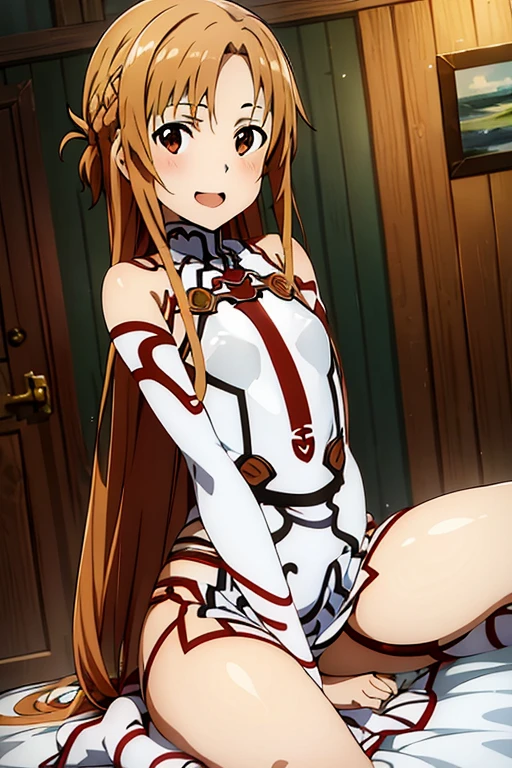 ((Best Quality)), ((masterpiece)), (be familiar with), Perfect Face, indoor, bedroom, Watching the audience,
One woman, Yuuki Asuna,
Open Mouth, Ecstatic expression, blush, smile,
Small breasts, Flat Chest, , , child, Girl,
Long Hair, Long Hair,
Leg spread,