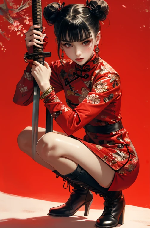 ultra high resolution,((masterpiece))),(((best quality))),((super detailed)),((extremely delicate and beautiful)), xuer ai yazawa style girl,1girl,solo,black hair,holding,holding only 1 weapon,double bun,jewelry,hair bun,looking at viewer,earrings,red background,bangs,red lips,(only 1katana:1.3),long sleeves,chinese clothes,squatting,brown eyes,one knee,dress,makeup,floral print,sheath,boots,blunt bangs,socks,ribbon,black footwear,red dress,bracelet,facial mark, disgust,