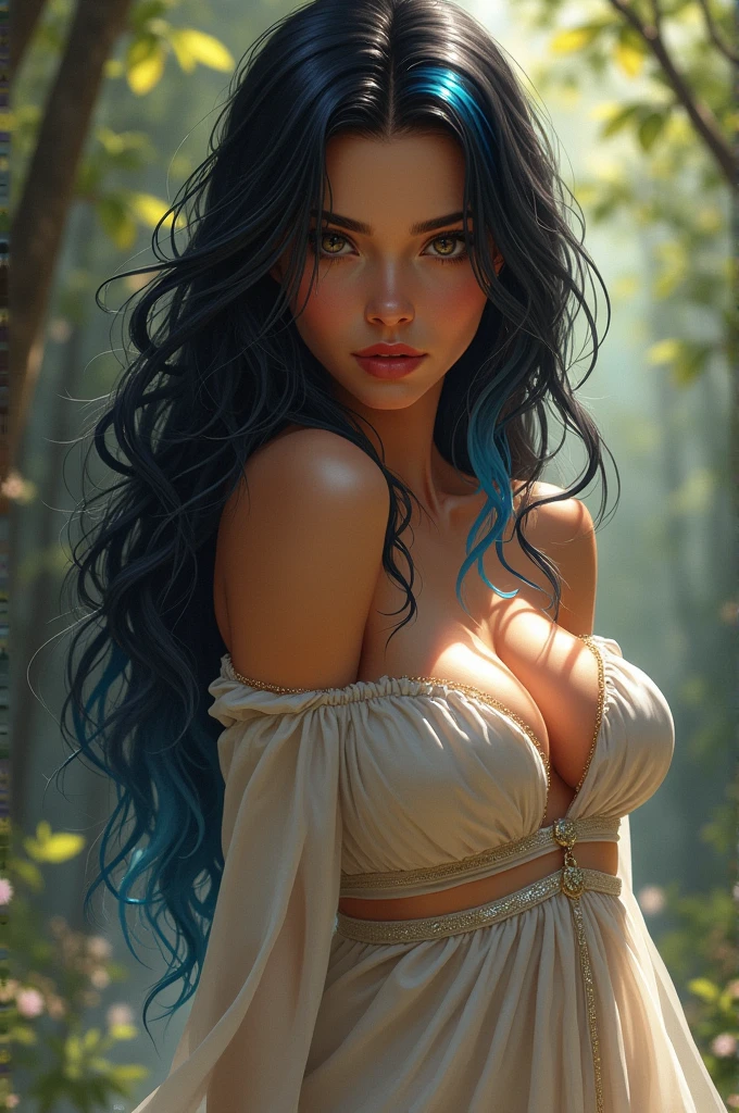 1girl, (score_9, score_8_up:1.1), score_7_up, female princess, thoughtful expression, gazing at the campfire, night forest in the background, warm sunlight, vibrant colors, high contrast, hyper-realistic, serene atmosphere, pensive pose, detailed, high-definition, reflective mood, peaceful setting, long black hair, blue eyes slight freckles, long eyelashes, thick eyebrows, girl in off-shoulder old prehistoric dress, big neckline, head tilt, playful, perfect hands, eye contact, midriff, toned, fit,, sinozick style
