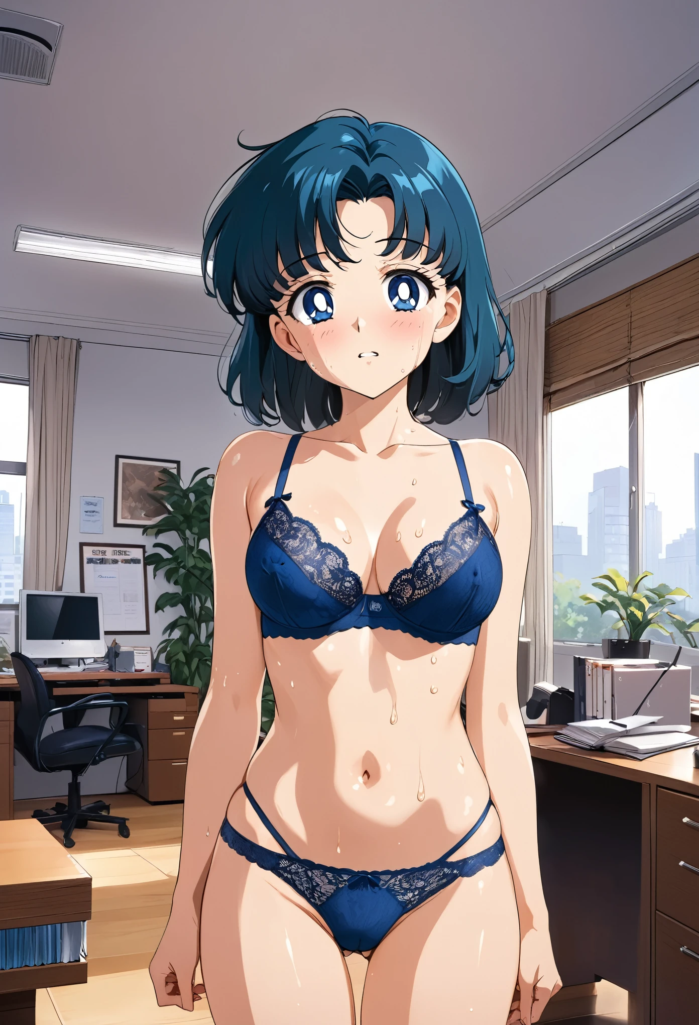 masterpiece, Best Quality, High resolution, (Mizuno Ami),1990s \(style\),height: 155cm,Blue Hair, ((lace trim panties), (lace trim bra), (In underwear), (Flashy underwear), (lingerie)),sexyな長い脚, ((indoor, Office, living room) ,(Normal chest)、Sweating all over the body、vapor、Muscular、sexy、Her face distorts with pleasure、Sweaty、Front view、Serious expression、look up,Semen splattered on face、Anime-style painting style,Composition with emphasis on the upper body, (Erect nipples), nsfw