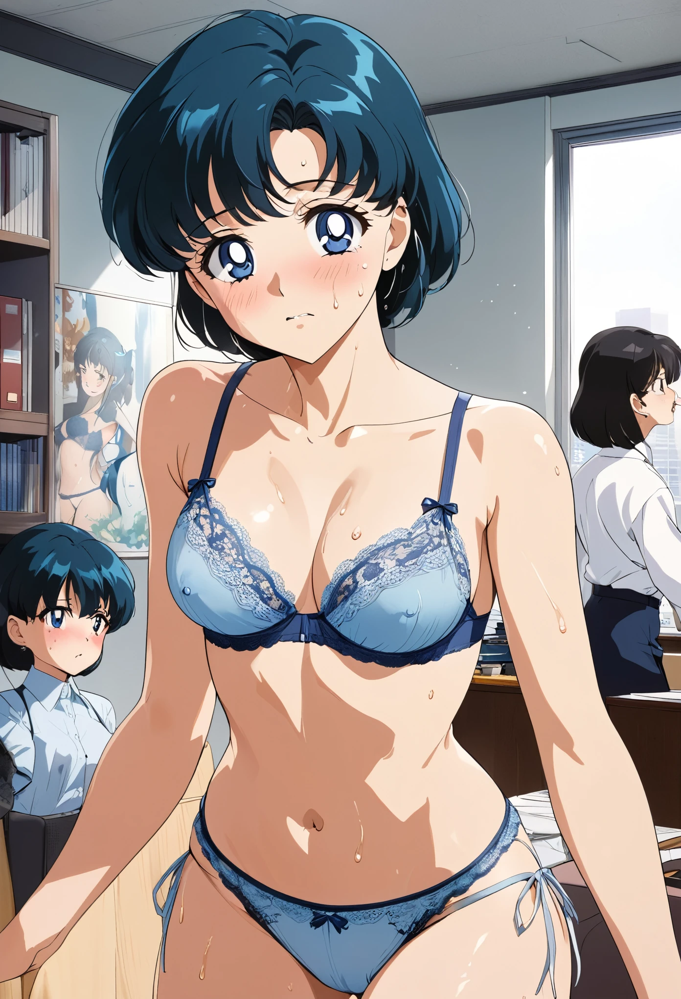 masterpiece, Best Quality, High resolution, (Mizuno Ami),1990s \(style\),height: 155cm,Blue Hair, ((lace trim panties), (lace trim bra), (In underwear), (Flashy underwear), (lingerie)),sexyな長い脚, ((indoor, Office, living room) ,(Normal chest)、Sweating all over the body、vapor、Muscular、sexy、Her face distorts with pleasure、Sweaty、Front view、Serious expression、look up,Semen splattered on face、Anime-style painting style,Composition with emphasis on the upper body, (Erect nipples), NFSW