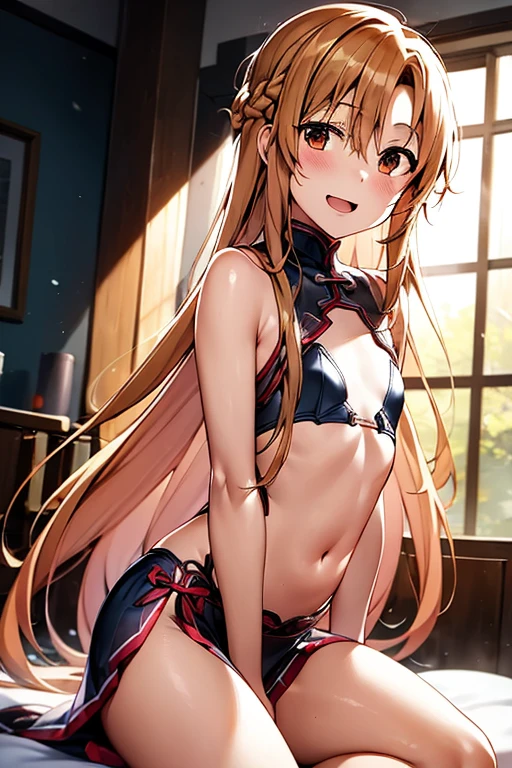 ((Best Quality)), ((masterpiece)), (be familiar with), Perfect Face, indoor, bedroom, Watching the audience,
One woman, Yuuki Asuna,
Open Mouth, Ecstatic expression, blush, smile,
Small breasts, Flat Chest, , , child, Girl,
Long Hair, Long Hair,
Leg spread,