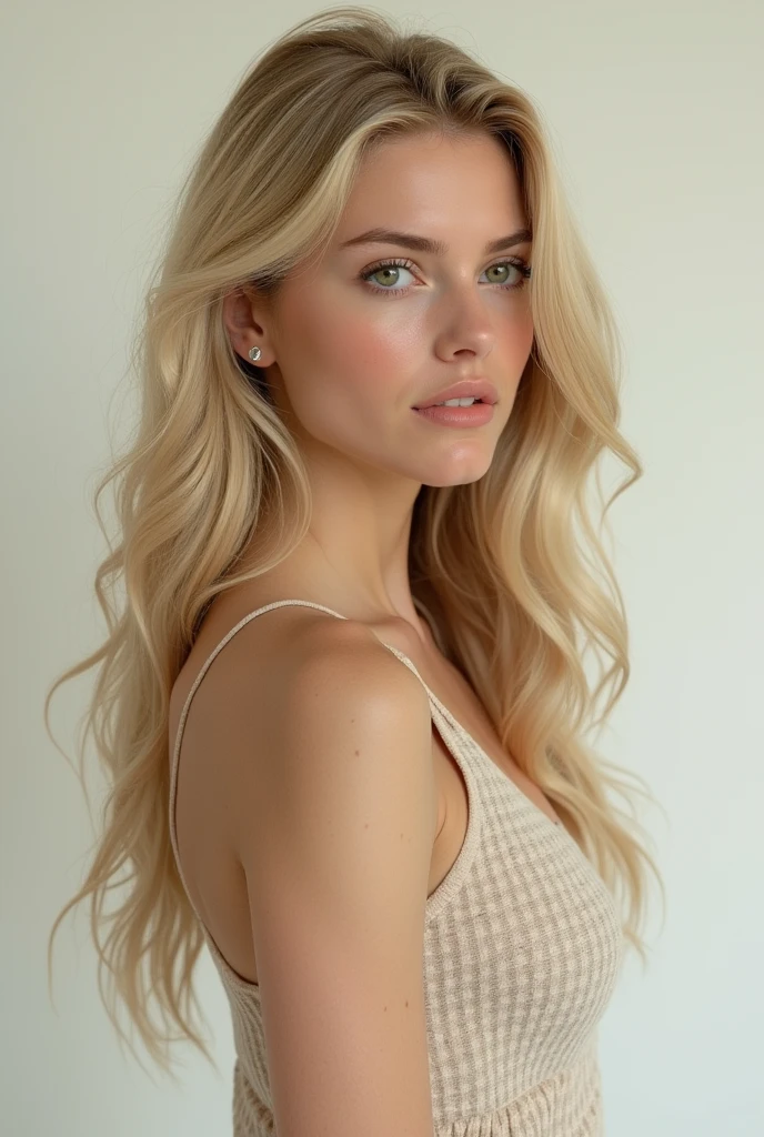 light illuminates the face, realistic photo, details, work of art, masterpiece, long light blond waves hair, in the style of soft, muted tones, barbiecore, sleek, subtle ink application, karencore, light blond, celebrity photographys, in the style of soft tonal transitions, sun-kissed palettes, rollerwave, colorist, subtle pastel hues, karencore, wavy , in the style of yigal ozeri, light pink and light indigo, detailed facial features, michael malm, eleanor fortescue-brickdale, rollerwave, symmetrical asymmetry 3d model of model , in the style of bella kotak, post-impressionist colorism, daria endresen, beige, , natural beauty, subtle tonal variation, photorealistic, the higest quality, full body, full sculpture, black dress, hight heels