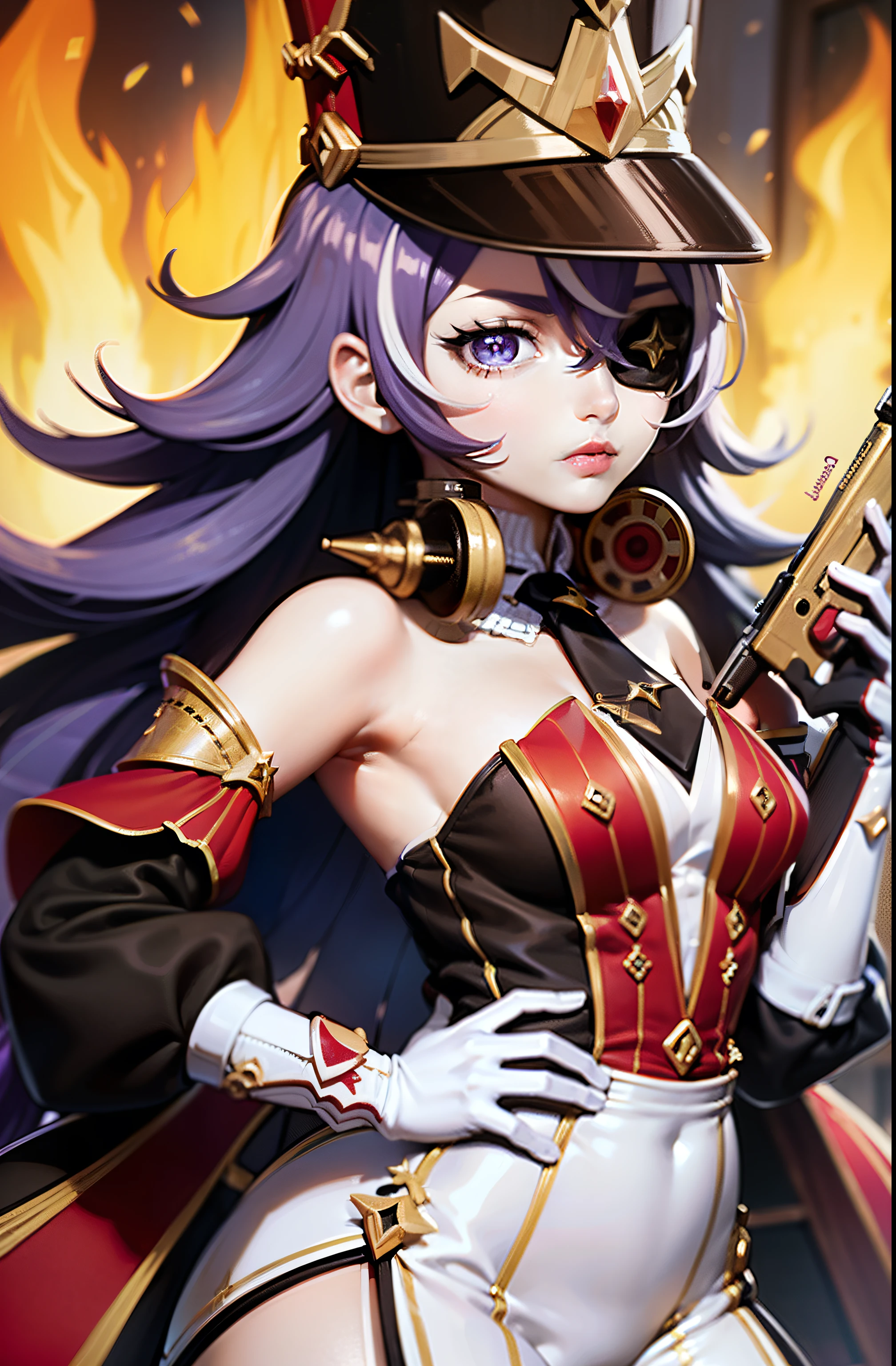 (4k,8k,best quality, masterpiece:1.2), ultra-detailed, realistic, realism, perfect face, perfect nose, detailed hair, detailed eyes, detailed lips, realistic colors, studio lightning, (((cowboy shot)), small mouth, looking at viewer, 1girl,hat,shako cap,purple hair,long hair, eyepatch, purple eyes,detached collar, necktie,bare shoulders,detached sleeves,dress,white gloves,black pantyhose, garter straps,white thigh boots,gun,holding gun,vulcano,fire