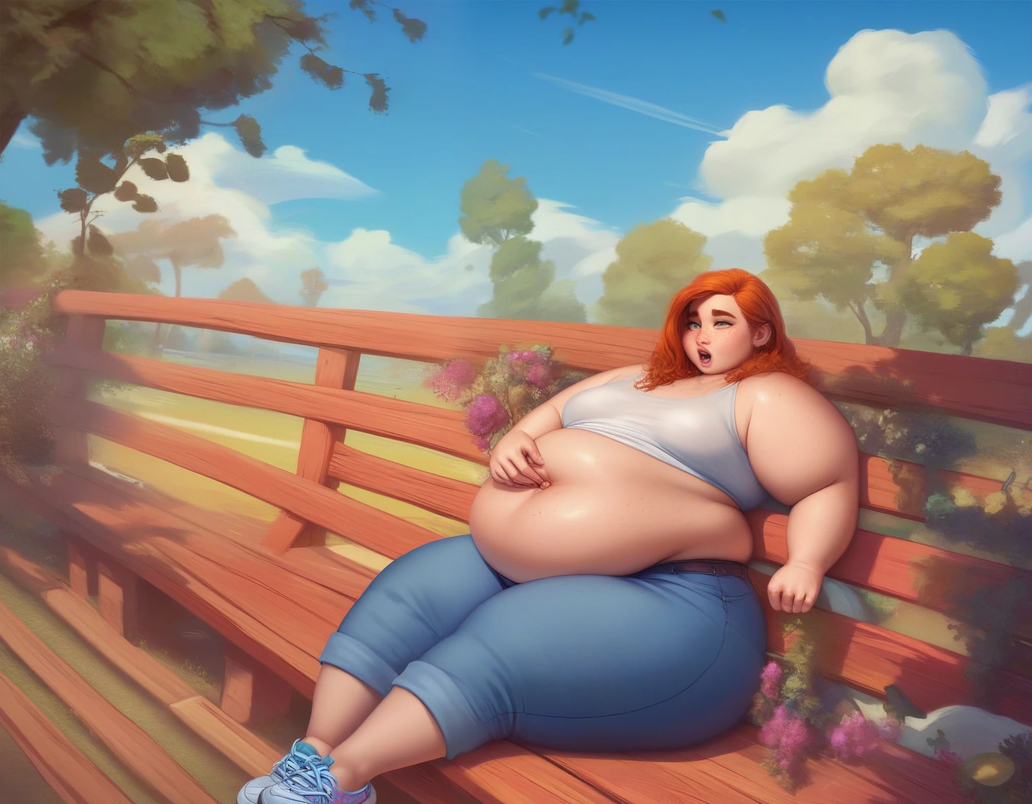 A Cute sitting photo of a Beautiful ginger BBW, with long wavy light Brownish-ginger hair, freckled body with big soft fat belly, thicc fat arms, thicc wide legs, small breasts, lot of freckles on arms, in long jeans, cute black top, light blue shoes, sitting on a bench in a park, shocked emotions, puffed arms puffed legs, puffed belly, (puffed belly button), belly inflation 