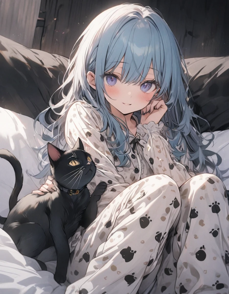 masterpiece, best quality, ultra-detailed, nekoha shizuku, 1girl, solo, tail, animal ears, puffy sleeves, cat tail, blue hair, puffy short sleeves, short sleeves, apron, cat ears, dress, blue eyes, bell, black dress, white apron, long hair, maid headdress, hair between eyes, bangs, hand up, jingle bell, cat girl, maid, frilled apron, tail ornament, bow, parted lips, looking at viewer, ribbon, very long hair, blush, tail bell, one side up, tail bow, waist apron, blue bow, frills, :o, collared dress, wrist cuffs, bed sheet, maid apron, black ribbon, heart, lying, pillow <lora:amashiroNatsukiV5:1>