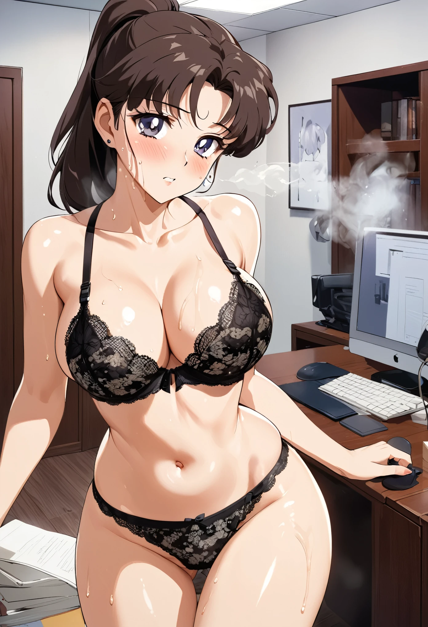 masterpiece, Best Quality, High resolution, (Makoto Kino),1990s \(style\),height: 175cm, Brown long hair,ponytail、 sexyな長い脚,((indoor, Office, living room) ,(Beautiful E-cup breasts)、Sweating all over the body、vapor、Muscular、sexy、Her face distorts with pleasure、Sweaty、Front view、Serious expression、look up,Semen splattered on face、Anime-style painting style,Composition with emphasis on the upper body,　((lace trim panties), (lace trim bra), (In underwear), (Flashy underwear), (lingerie)), Erect nipples, nsfw