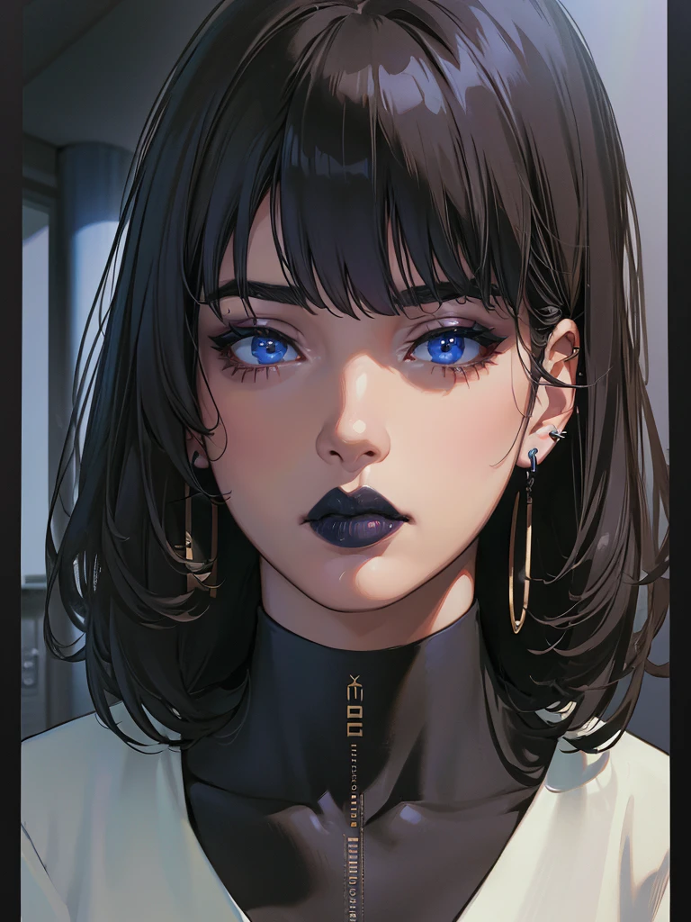 (best lighting) (best quality, masterpiece:1.2), illustration by hajime sorayama, perfect body, hyperfeminine curves, woman, short black hair, bangs, blue eyes, curvy, black lipstick, black eyeliner, earrings, high fashion, solo