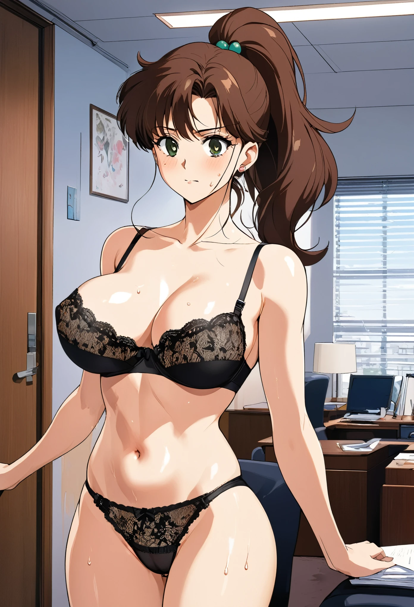 masterpiece, Best Quality, High resolution, (Makoto Kino),1990s \(style\),height: 175cm, Brown long hair,ponytail、 sexyな長い脚,((indoor, Office, living room) ,(Beautiful E-cup breasts)、Sweating all over the body、vapor、Muscular、sexy、Her face distorts with pleasure、Sweaty、Front view、Serious expression、look up,Semen splattered on face、Anime-style painting style,Composition with emphasis on the upper body,　((lace trim panties), (lace trim bra), (In underwear), (Flashy underwear), (lingerie)), Erect nipples, nsfw