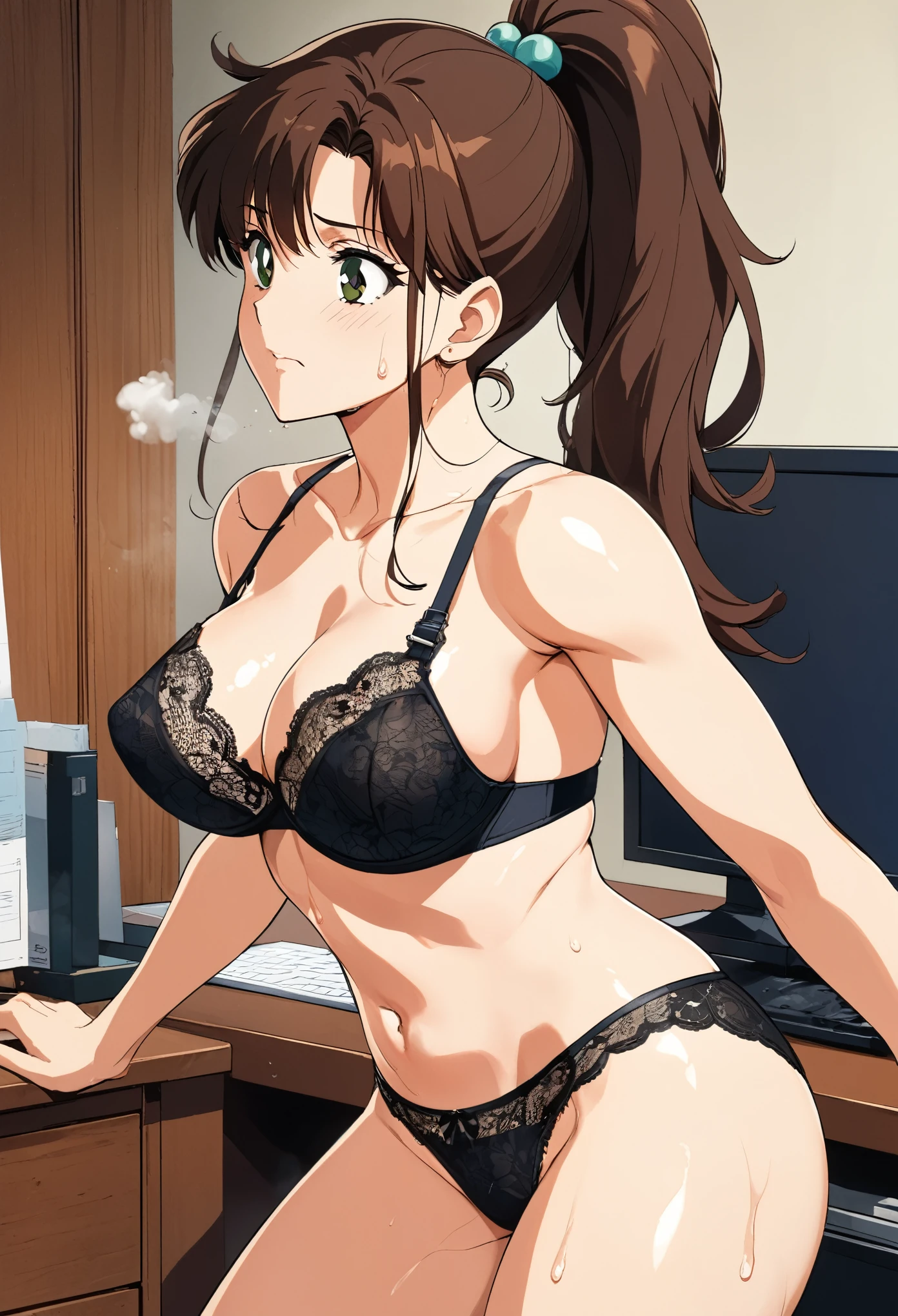 masterpiece, Best Quality, High resolution, (Makoto Kino),1990s \(style\),height: 175cm, Brown long hair,ponytail、 sexyな長い脚,((indoor, Office, living room) ,(Beautiful E-cup breasts)、Sweating all over the body、vapor、Muscular、sexy、Her face distorts with pleasure、Sweaty、Front view、Serious expression、look up,Semen splattered on face、Anime-style painting style,Composition with emphasis on the upper body,　((lace trim panties), (lace trim bra), (In underwear), (Flashy underwear), (lingerie)), Erect nipples, nsfw