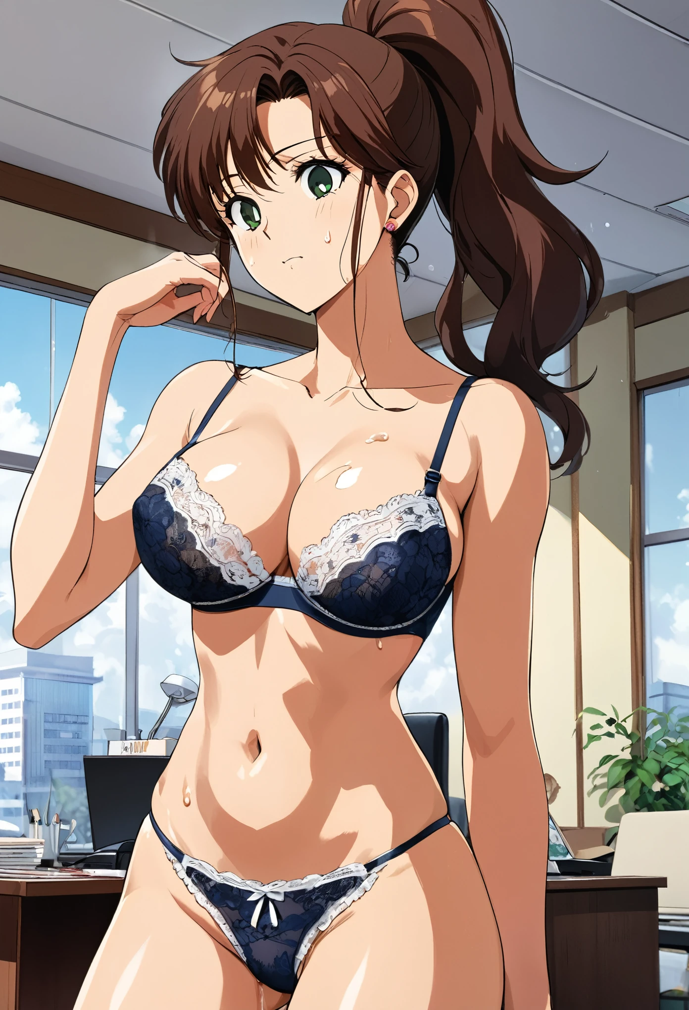 masterpiece, Best Quality, High resolution, (Makoto Kino),1990s \(style\),height: 175cm, Brown long hair,ponytail、 sexyな長い脚,((indoor, Office, living room) ,(Beautiful E-cup breasts)、Sweating all over the body、vapor、Muscular、sexy、Her face distorts with pleasure、Sweaty、Front view、Serious expression、look up,Semen splattered on face、Anime-style painting style,Composition with emphasis on the upper body,　((lace trim panties), (lace trim bra), (In underwear), (Flashy underwear), (lingerie)), Erect nipples, nsfw