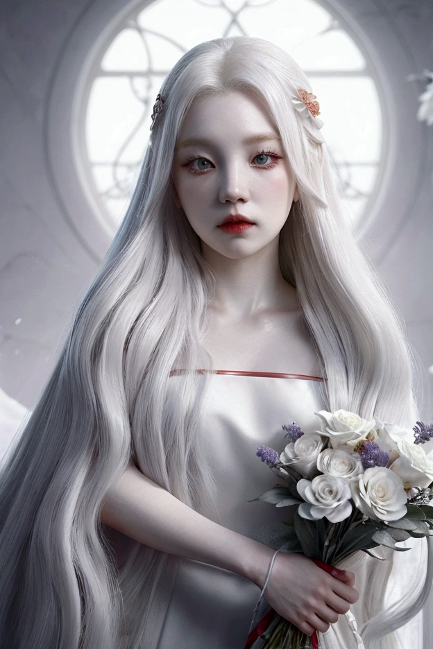 a woman with long white hair holding a bouquet of flowers, beautiful gray skin, pale porcelain white skin, red eyes and white dress, artwork in the style of guweiz, guweiz, 4k hd. snow white hair, porcelain white skin, 8k high quality detailed art, pale snow white skin, red an purple aesthetic, red and purple details, Song Yuqi 