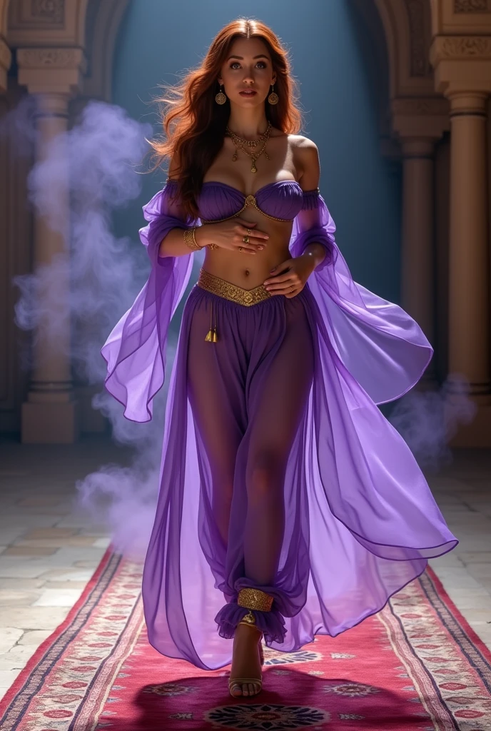 a woman in a purple dress is dancing with her arms outstretched, belly dancing, she is dressed as a belly dancer, she is dancing. realistic, gracefully belly dancing pose, costume desig, arabian princess, full body image, full body illustration, beautiful genie girl, arabian, fullbody commission for, fantasy outfit, jeweled costume, art cover illustration