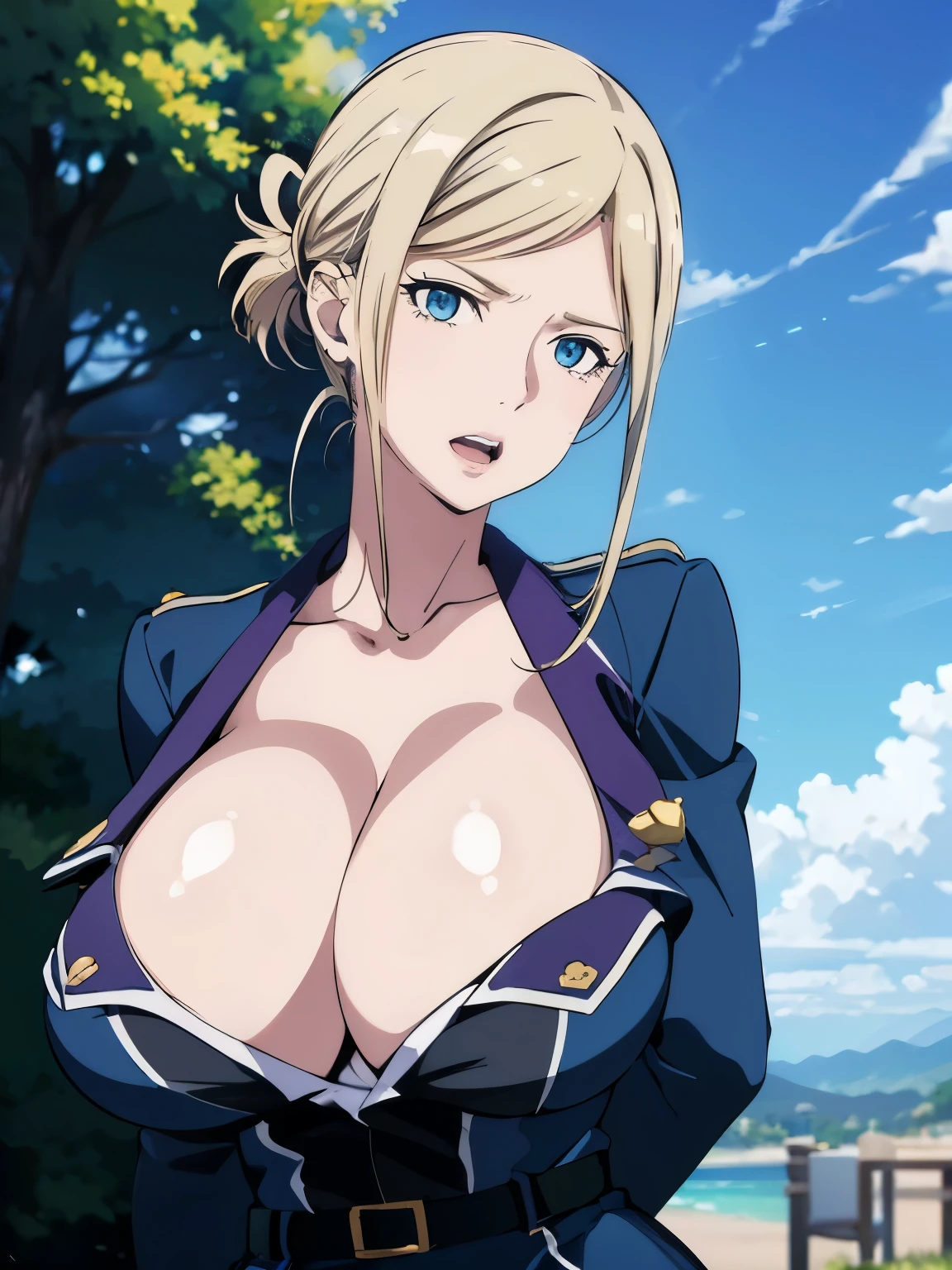 masterpiece, ((blue millitary uniform)), ((cleavage)) (best quality), (solo), 1girl, open mouth, blonde hair, thick, (short skirt), blue eyes, sexy woman,  hair ornament, vibrant colors , natural lighting, RTX, (very huge tits), (detailed face:1.2), (perfect eyes:1.1) ,(photorealistic:1.1), 8k uhd, looking a viewer, outdoors, simple backround, emotionless, (upper body), standing pose, hands down