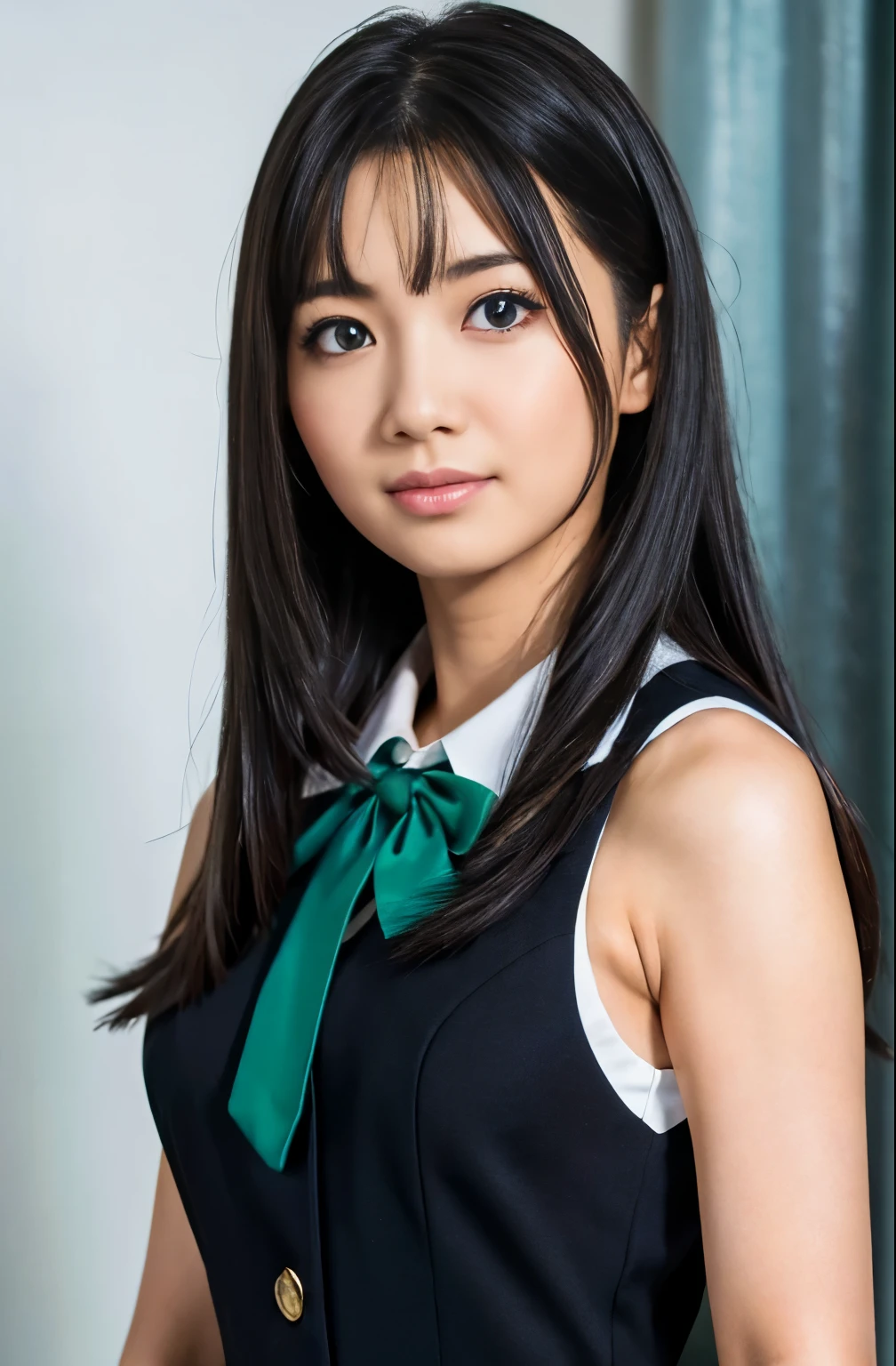 photorealistic, detailed, masterpiece, high resolution, (1 pretty school girl, rika shiraki, emerald sparkling eyes, platinum black hair, forehead, bangs, partial vertical curly hair, sleeveless, 