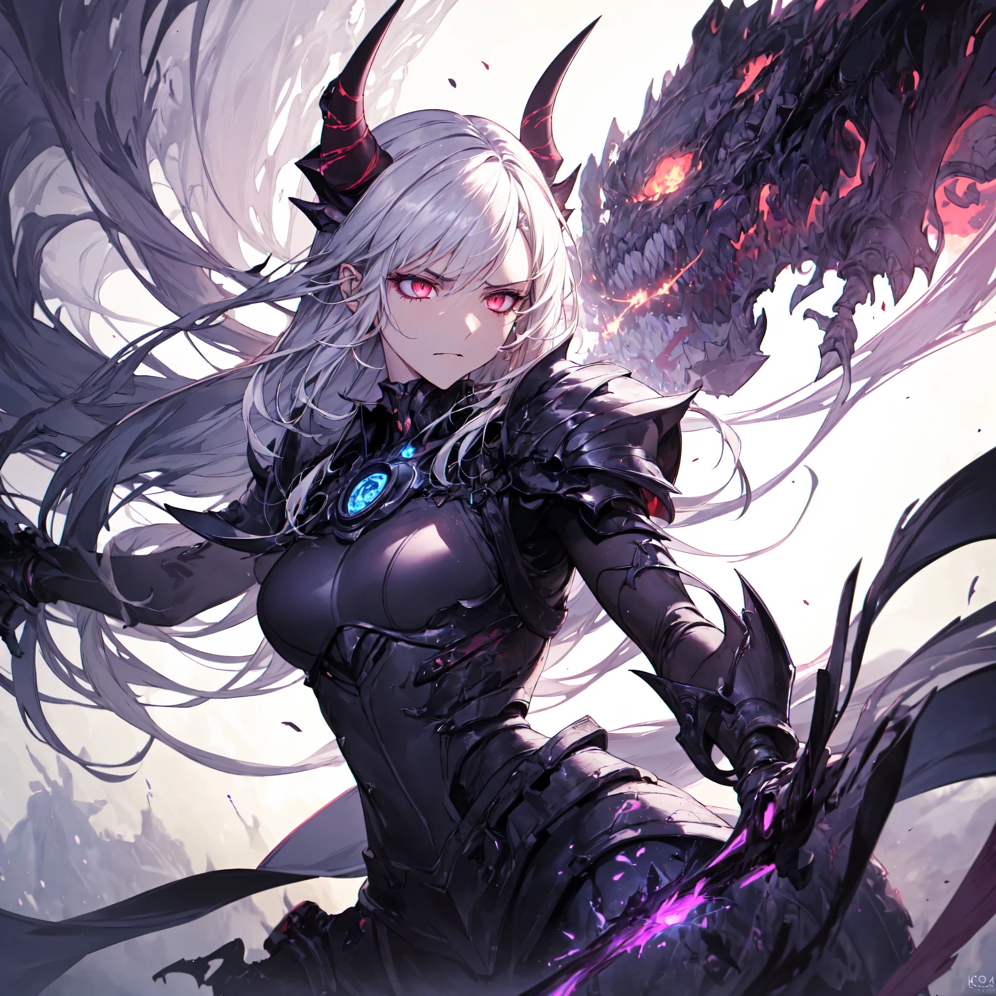 photorealistic, masterpiece, best quality, (detailed anime, video game art, extremely detailed CG unity 8k wallpaper), (best quality), (best illustration), (best shadow), absurdres, realistic lighting, (Abyss), solo, scowling, anger, portrait of a powerful, muscular female character with long, flowing white-silver hair and piercing glowing red eyes, (clad in dark, angular high tech sci fi armor that clings to her form with glowing circuitry:1.03), The character is adorned with black, claw-like markings or tattoos on her body, exuding an aura of danger and mysticism. She wields a weapon infused with dark, arcane energy, surrounded by a dynamic, swirling purple aura that crackles with raw power. The background is a chaotic, otherworldly environment, featuring a sky filled with swirling clouds, purple lightning, and dark, stormy tones of black, deep purples, and blues. The primary light source is the electric purple energy emanating from the weapon, casting sharp, dramatic shadows and highlighting the character's intense, brooding expression. The overall mood is dark, intense, and charged with apocalyptic energy, capturing a scene of impending battle or supernatural confrontation, (magic, darkness, dark, night, flaming eye, eye trail, Oni horns, demon horns, Oni:1.13), stealthtech, sci fi, high tech armor, futuristic, wielding glowing sword whip whipsword hooksword weapon