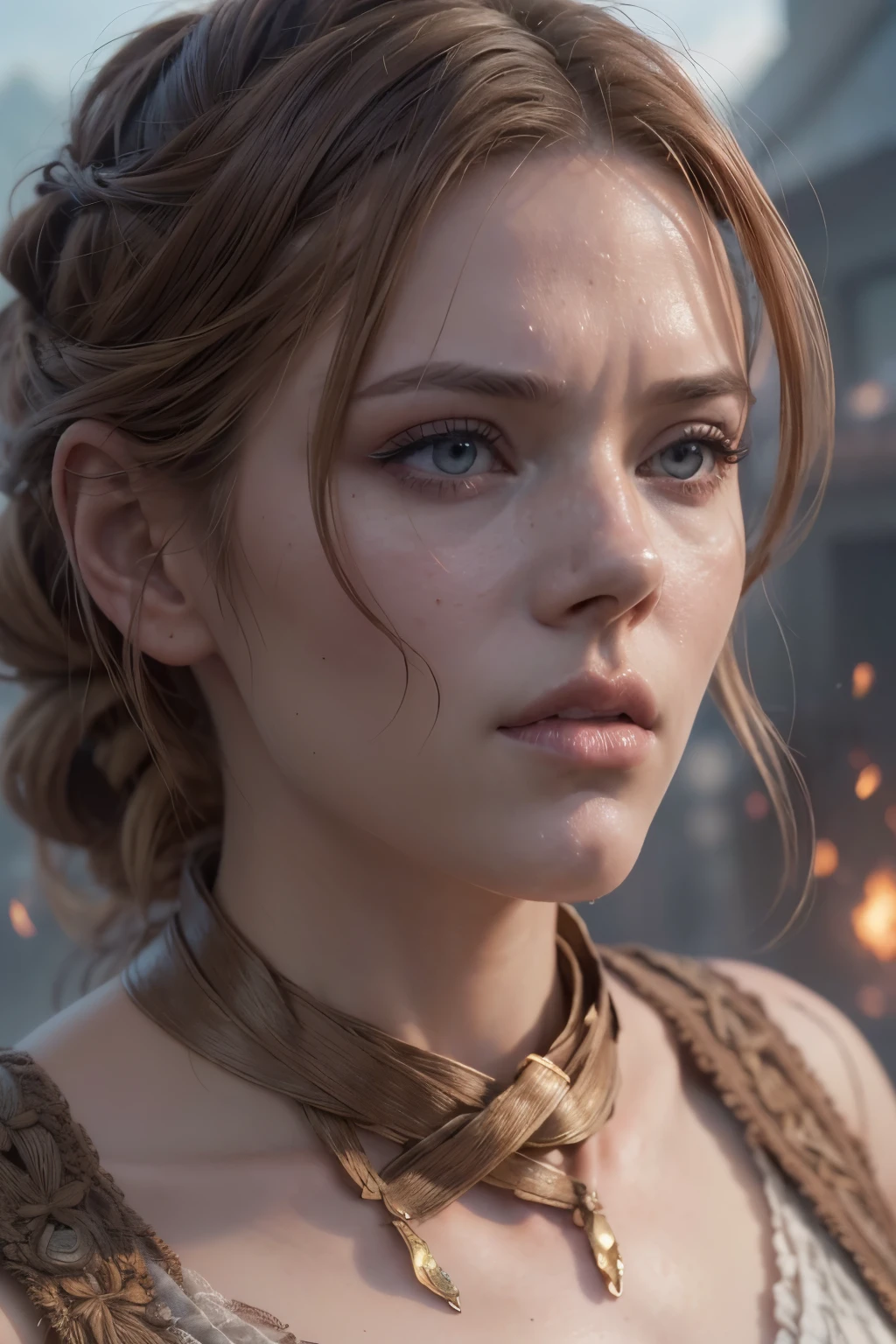 (((Photorealistic))), Photo, high quality, (ultra-detailed face and eyes: 1.3),(Based on the game the plague tales), ((Photorealistic)), Photo, cinematic, intricate frame, 1 girl, ((Amicia from the game the plague tales)) , screenshot from the game, ((against the backdrop of a medieval ruined city, plague in the city)), gloomy atmosphere, it's raining, predominantly black, Grey colors , (ultra detailed) overall plan, ((full length, naked body))