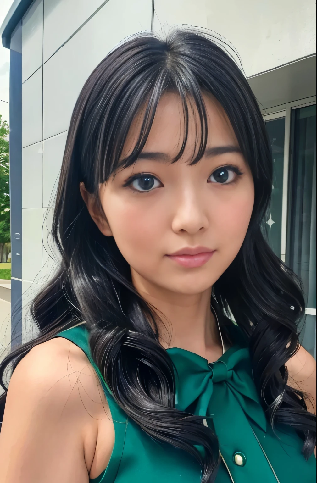 photorealistic, detailed, masterpiece, high resolution, (1 pretty school girl, rika shiraki, emerald sparkling eyes, platinum black hair, forehead, bangs, partial vertical curly hair, sleeveless, 